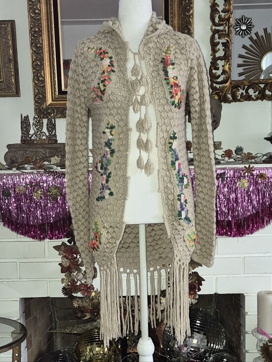 Free People Sweaters - Free People Boho Crochet Fringe Cardigan Sweater - Beige with Floral Embroidery